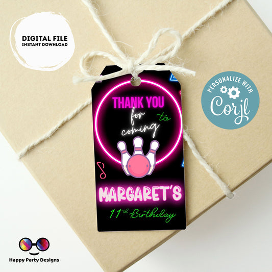 Editable neon bowling Thank you tag | Digital bowling printable thank you tag  | Birthday Girl | Neon Thank You tag |  bowling #KID3