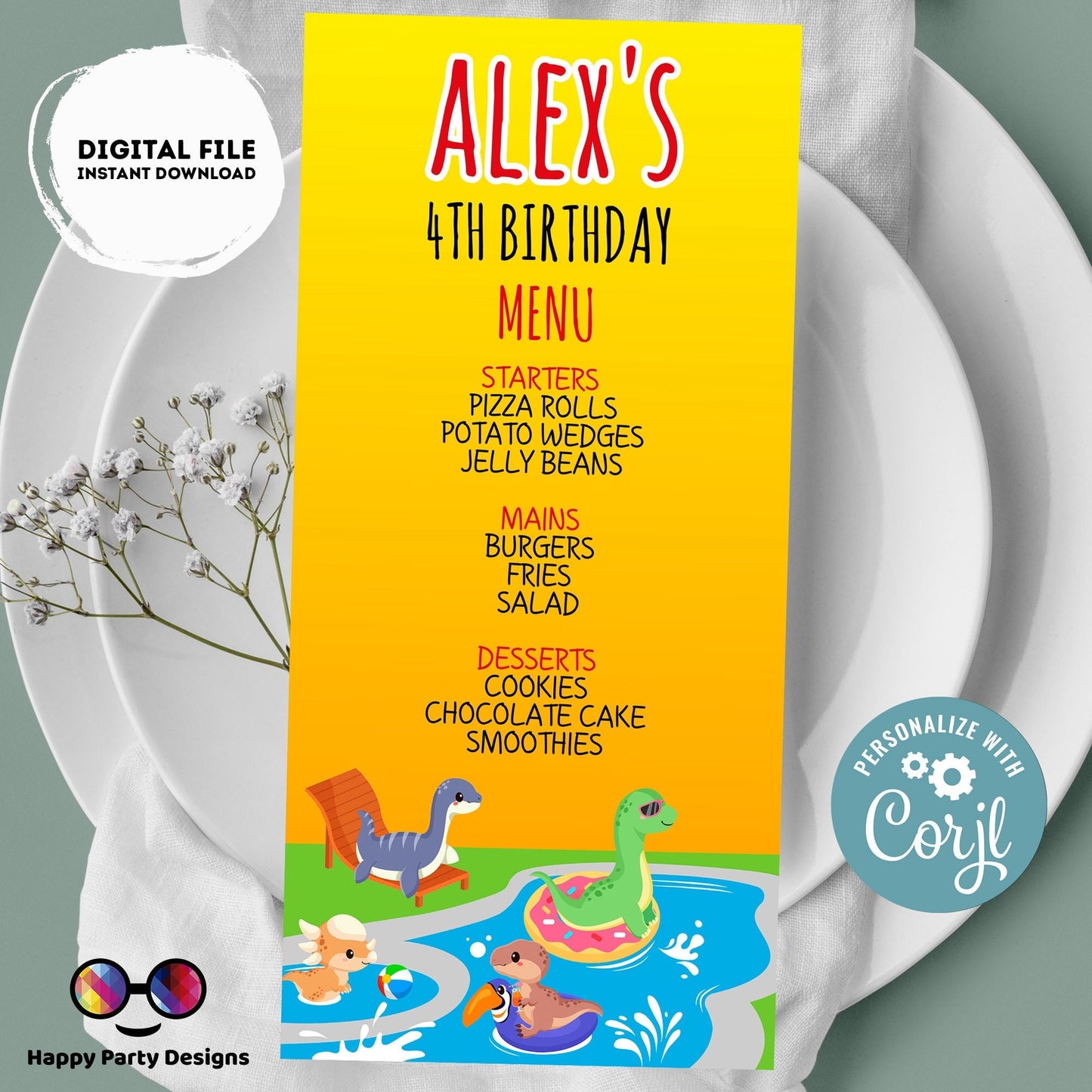 Editable Dinosaur Pool Party Menu | Digital Dinosaur Pool Party printable menu  | Birthday boy | Dinosaur menu | Personalize Online #K83