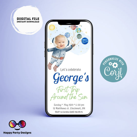 Editable Outer Space First Birthday Photo Evite  | First Trip Around the Sun Space Boy |  Invitation for iPhone, Smartphone Template #K5