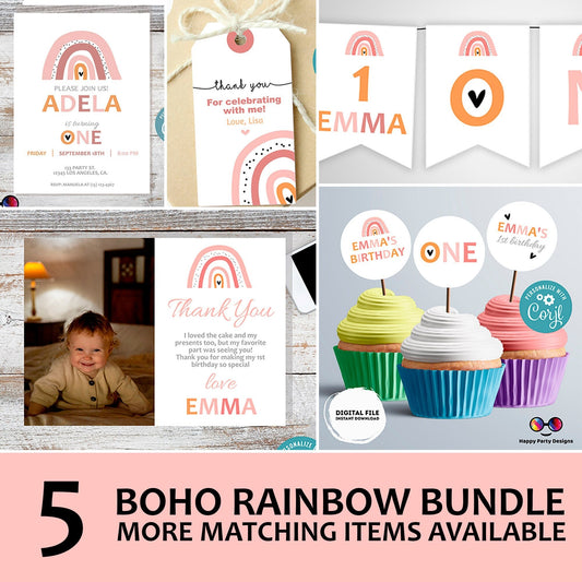 EDITABLE Boho Rainbow invitation bundle | High Chair banner, cupcake toppers, thank you tag, thank you card | First birthday | #K19