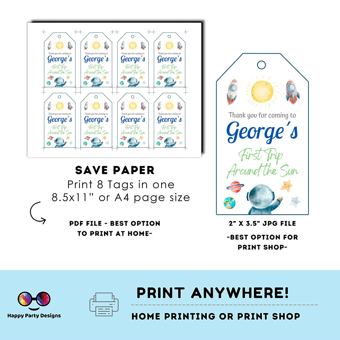 Editable First Trip Around the Sun Thank you tag | Outer Space printable thank you tag | Birthday boy |  Outer Space  Favor tag #K5