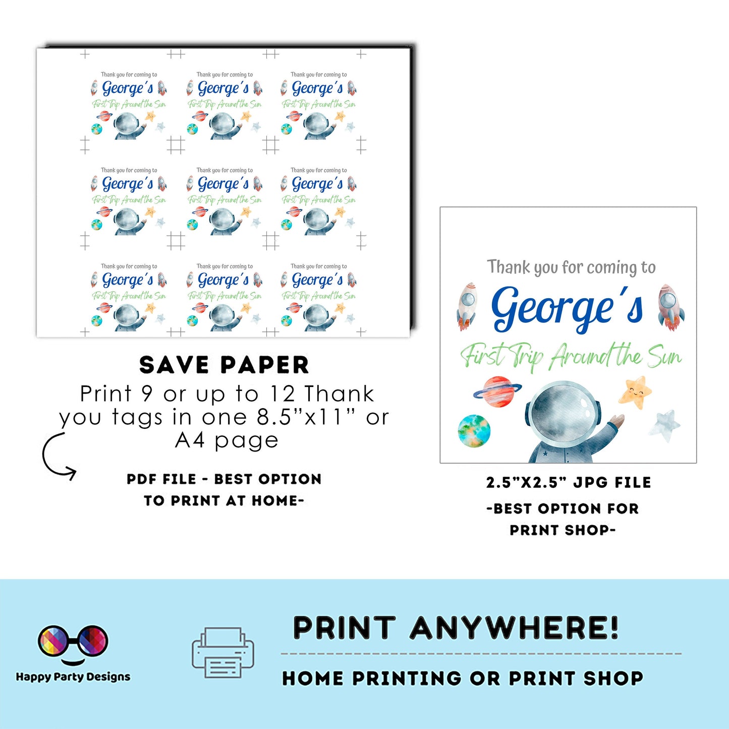 Editable First Trip Around the Sun Thank you tag | Outer Space printable thank you tag | Birthday boy |  Outer Space Squared Favor tag #K5