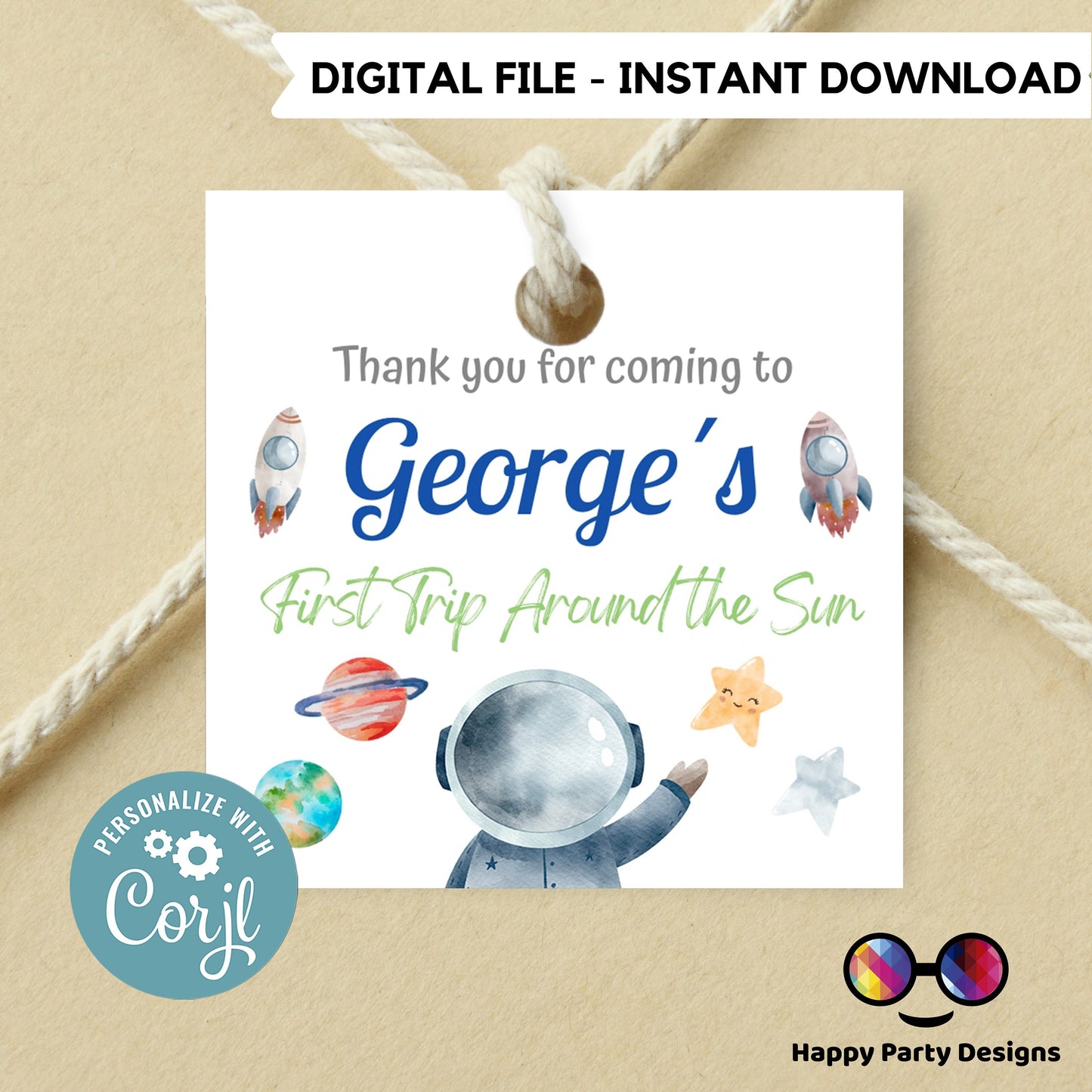 Editable First Trip Around the Sun Thank you tag | Outer Space printable thank you tag | Birthday boy |  Outer Space Squared Favor tag #K5