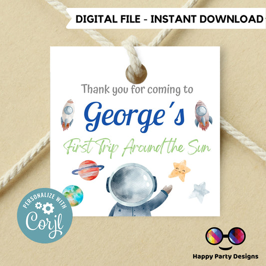 Editable First Trip Around the Sun Thank you tag | Outer Space printable thank you tag | Birthday boy |  Outer Space Squared Favor tag #K5