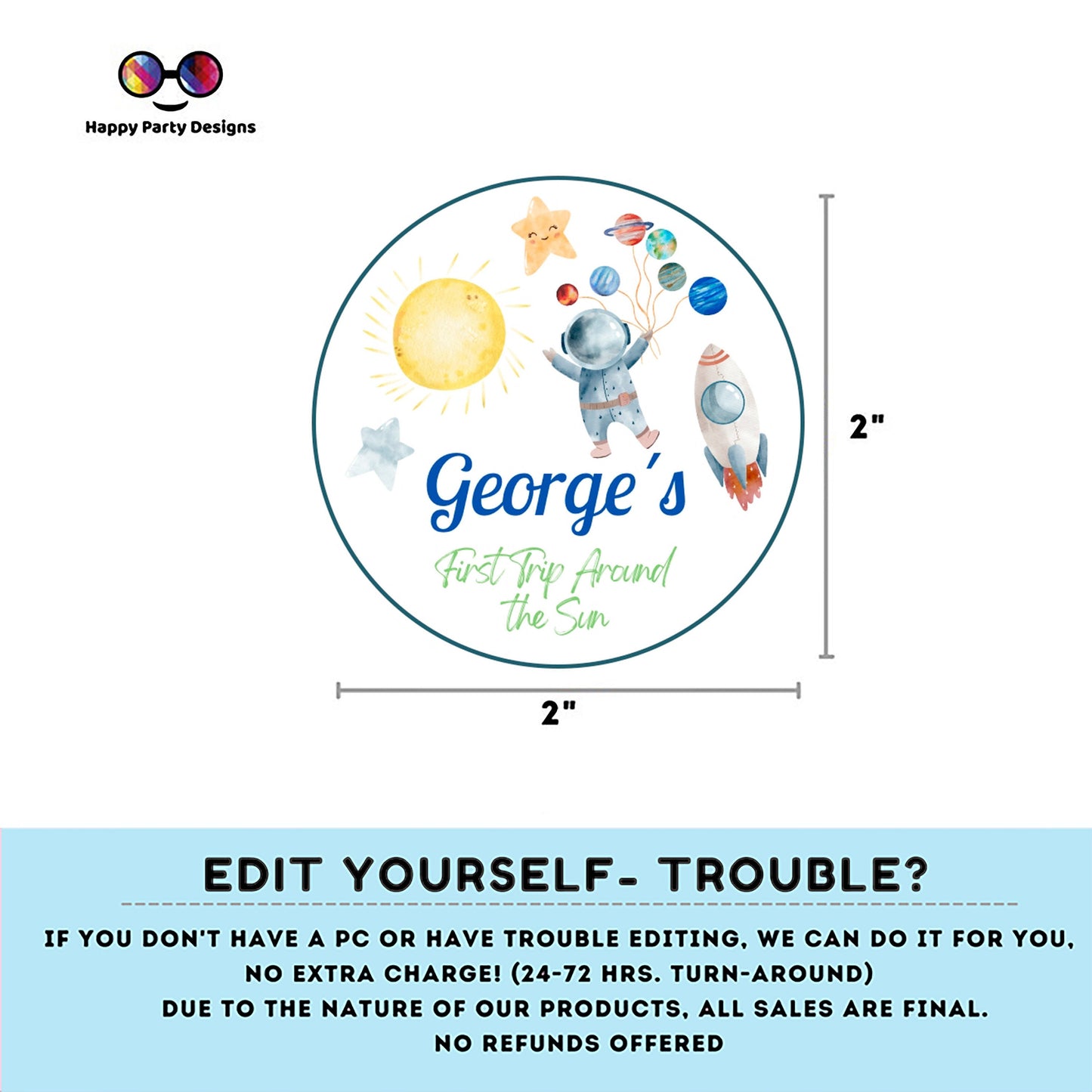 Editable First Trip Around the Sun cupcake toppers | Outer Space birthday | Astronaut Birthday Party | Outer Space stickers  #K5
