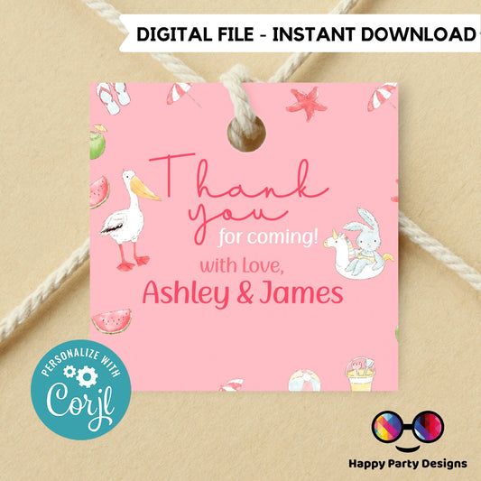 Editable baby shower squared Favor Tags | Pool party favor Tags  |  squared Gift Tag | Thank You tag | Girl baby shower | Shower Favor #B2
