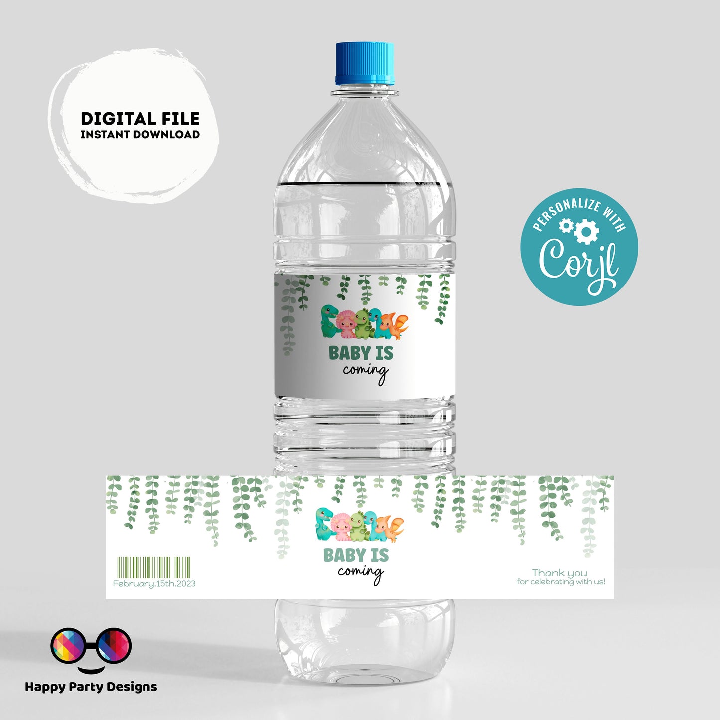 Editable dino baby shower water bottle labels | digital labels |  printable baby shower labels | bottle labels | neutral gender baby  #B15