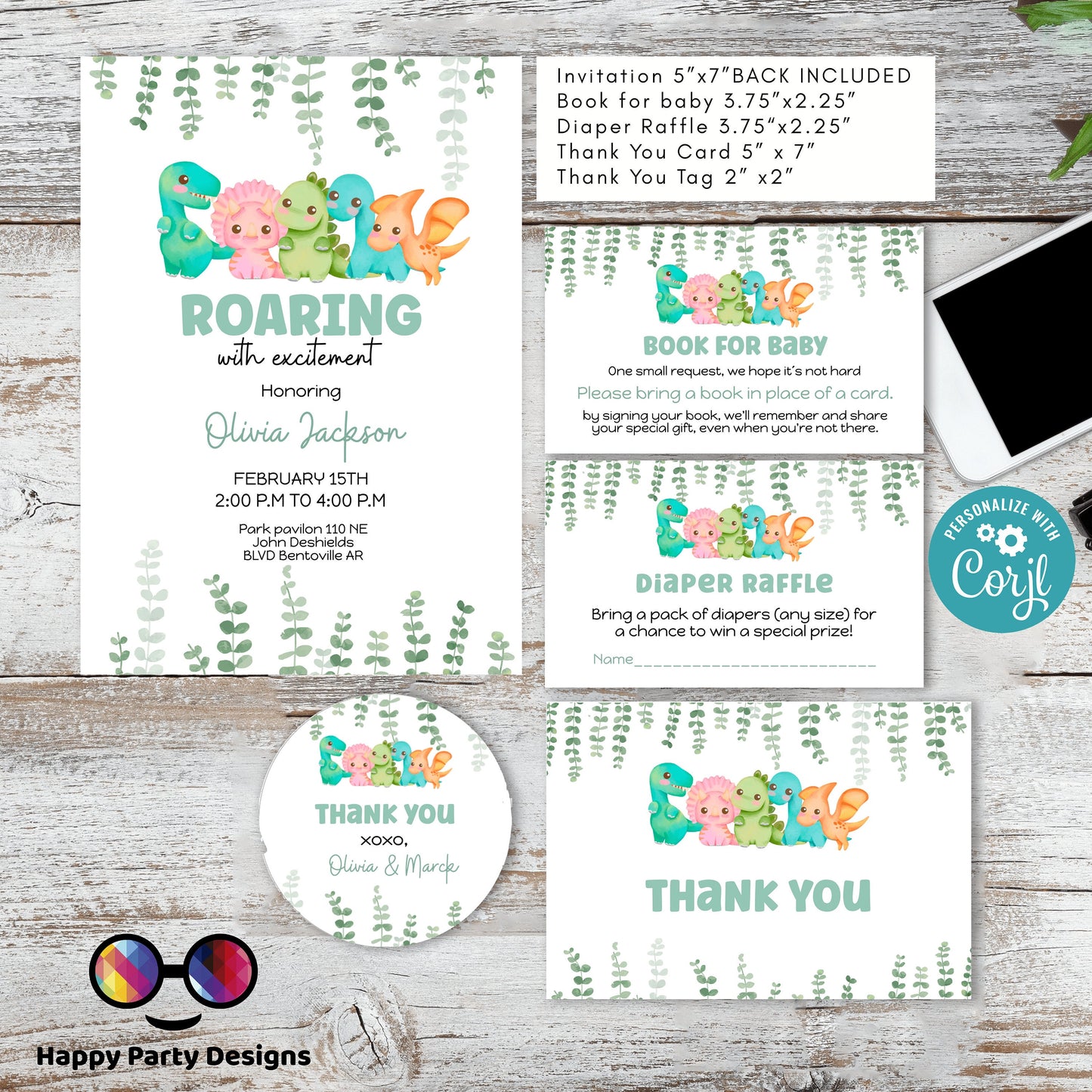 EDITABLE Dino Baby shower invitation bundle | diaper raffle, books for baby, thank you tag, thank you card | dinosaur baby shower | #B15