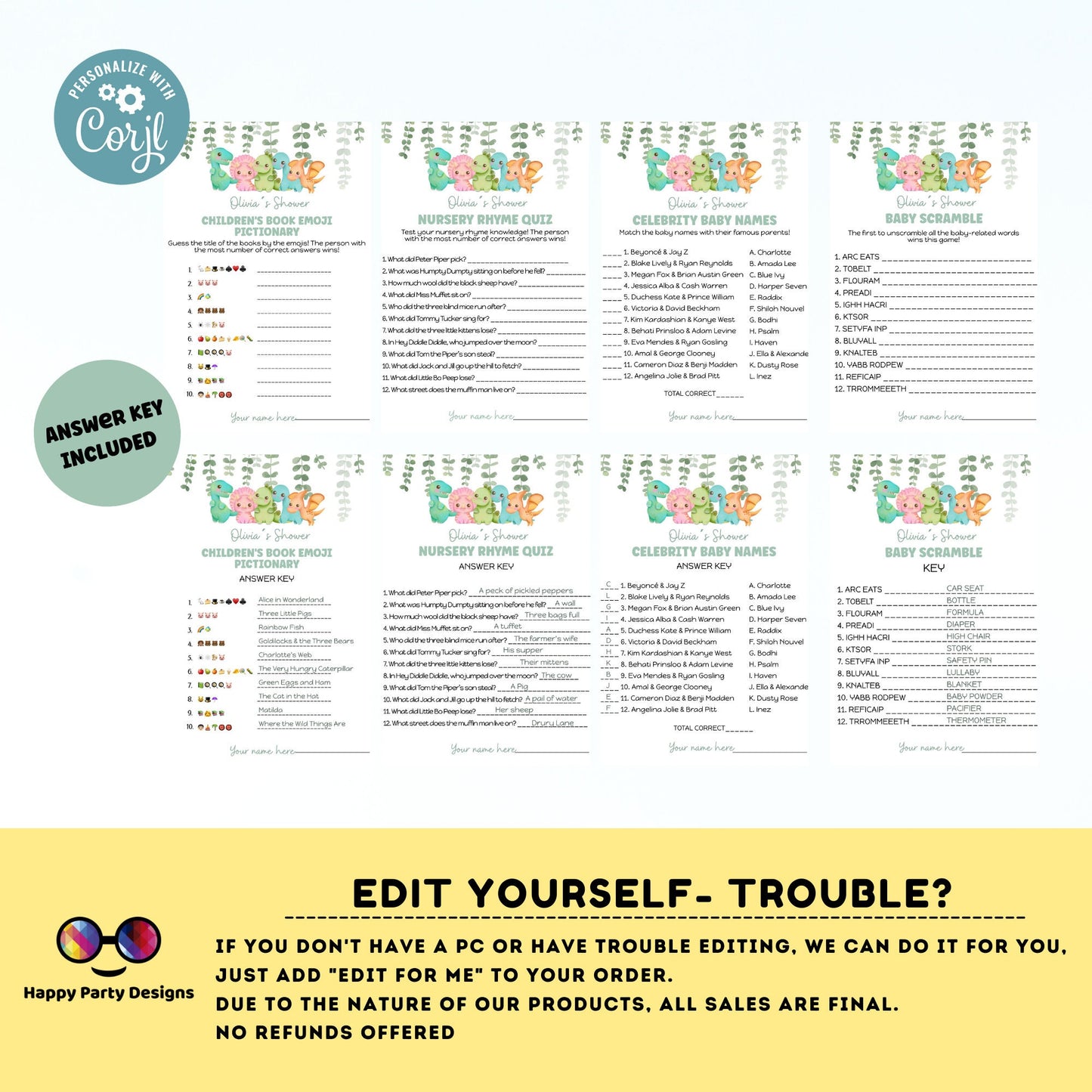 Editable dinosaur games bundle | Dino baby shower games | Baby boy | neutral gender shower |  dinosaur baby shower games #B15