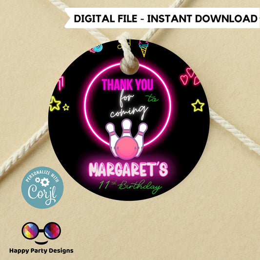 Editable neon bowling round Thank you tag | Digital bowling printable thank you tag  | Birthday girl | Neon Thank You tag #KID3