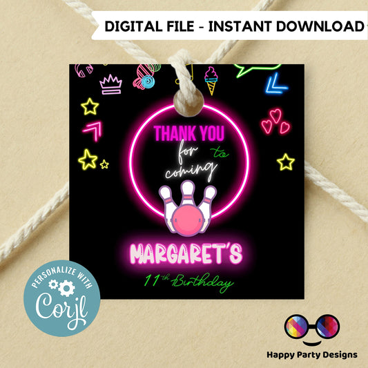 Editable neon bowling squared Thank you tag | Digital bowling printable thank you tag | Birthday girl | Neon Thank You tag #KID3