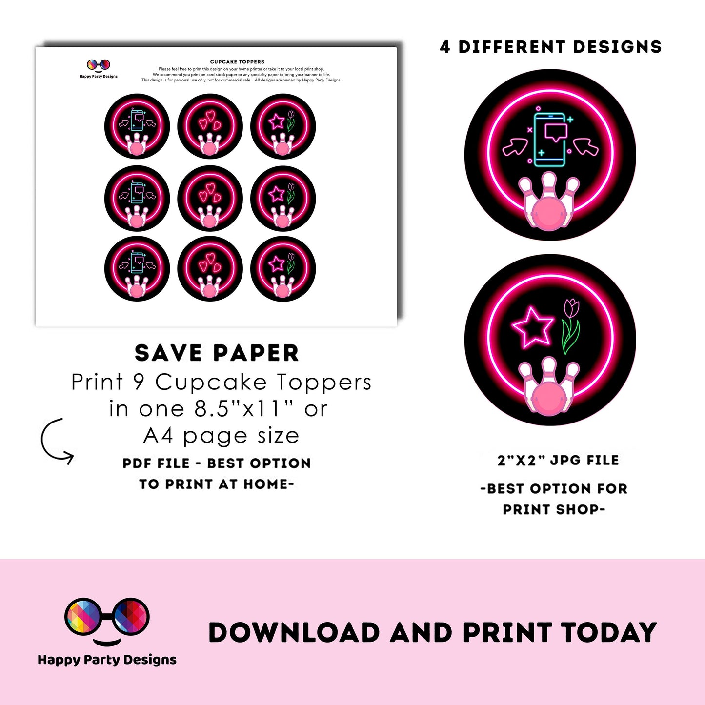 Neon bowling cupcake toppers | Instant download | Bowling | neon Party | Bowling party | neon bowling Birthday Party #KID3