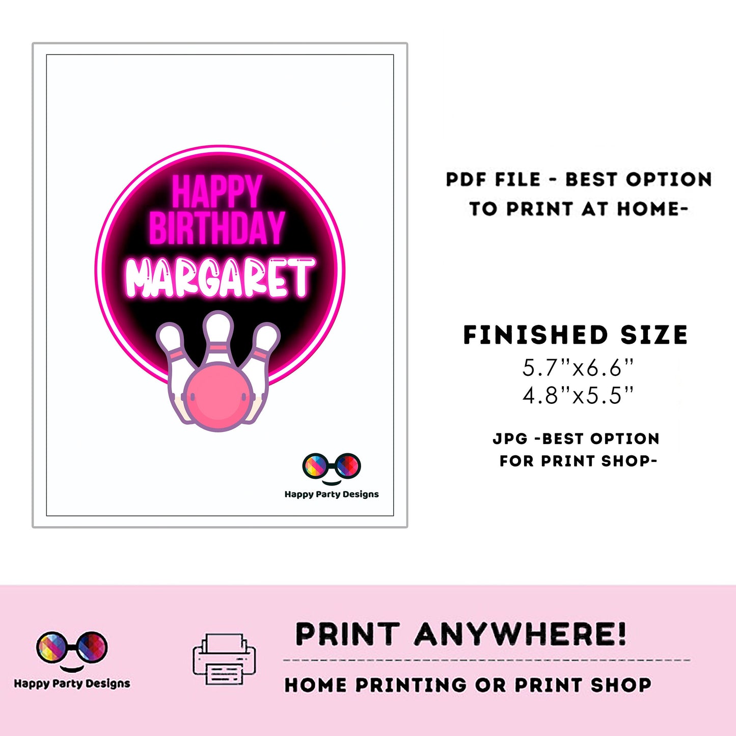 Editable Bowling Cake Topper |  Neon Bowling Birthday Party Cake Topper | Neon Bowling Cake Topper | Centerpieces | Neon Bowling pink #KID3