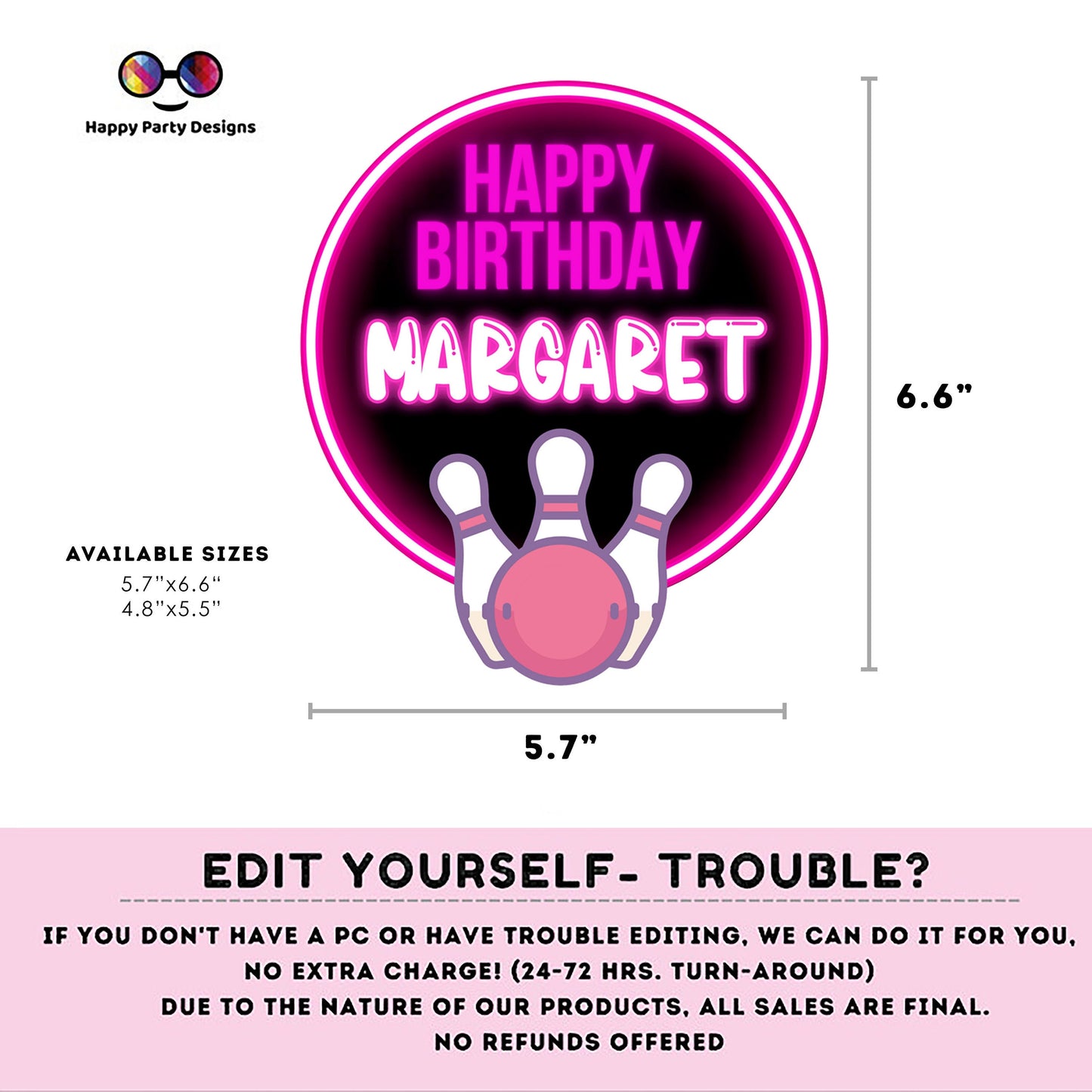 Editable Bowling Cake Topper |  Neon Bowling Birthday Party Cake Topper | Neon Bowling Cake Topper | Centerpieces | Neon Bowling pink #KID3