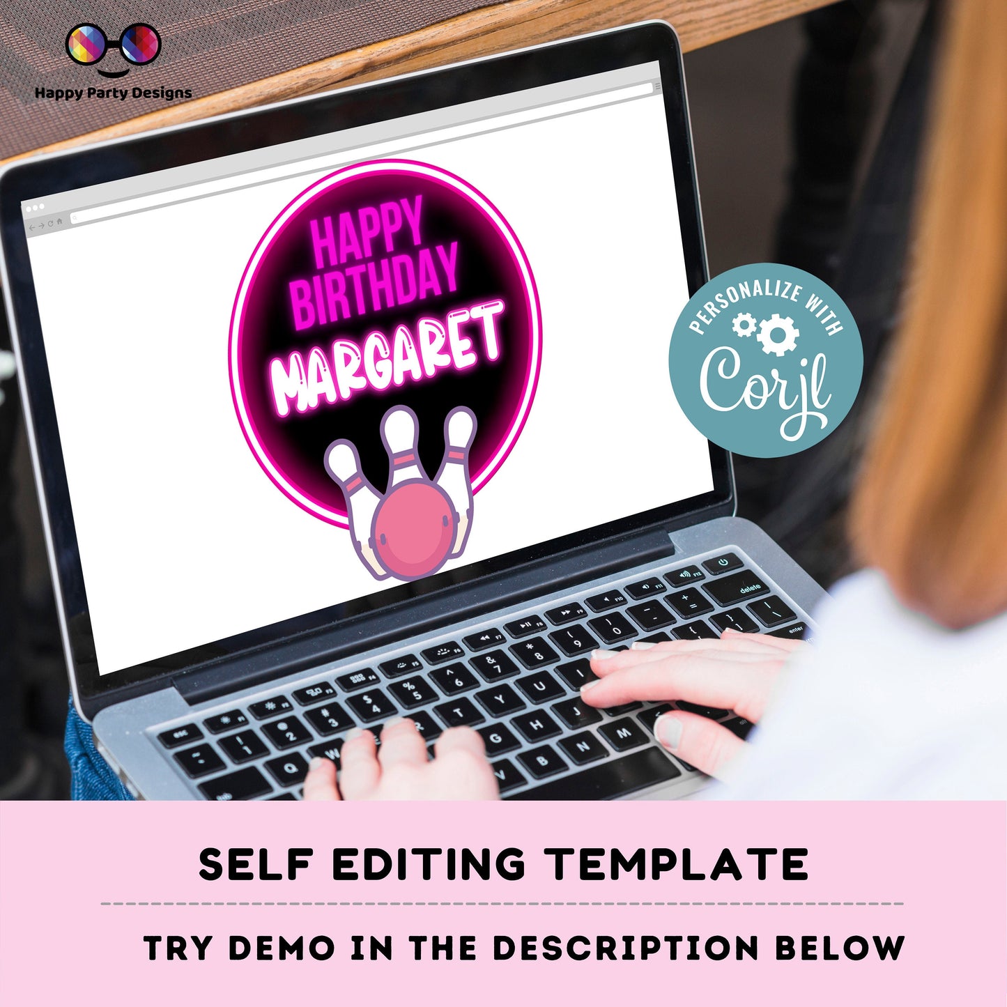 Editable Bowling Cake Topper |  Neon Bowling Birthday Party Cake Topper | Neon Bowling Cake Topper | Centerpieces | Neon Bowling pink #KID3