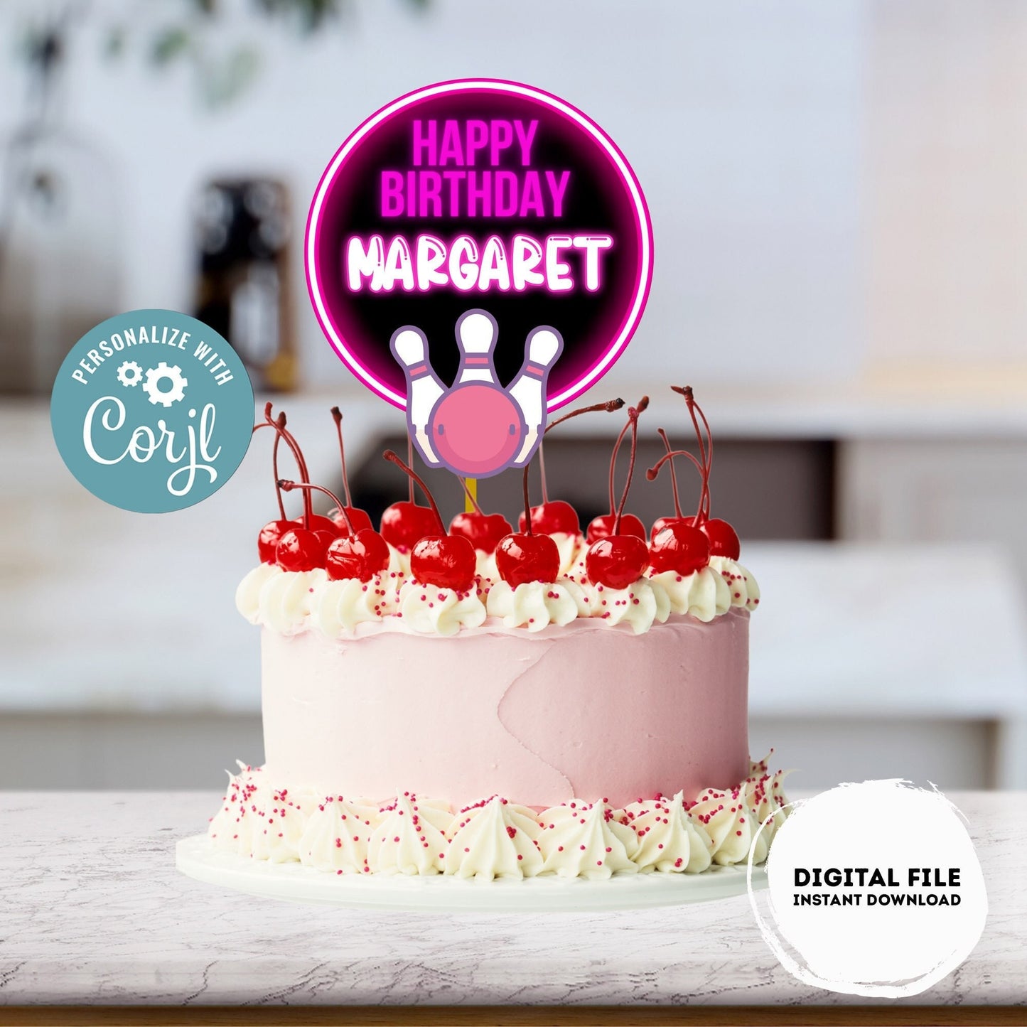 Editable Bowling Cake Topper |  Neon Bowling Birthday Party Cake Topper | Neon Bowling Cake Topper | Centerpieces | Neon Bowling pink #KID3