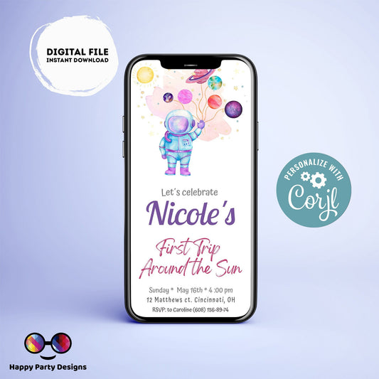 Editable Outer Space First Birthday Evite | First Trip Around the Sun Space Girl | Editable  Invitation for iPhone, Smartphone Template #K57