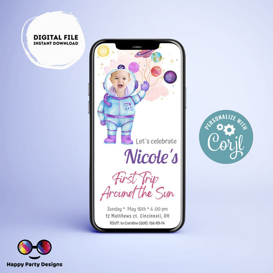 Editable Outer Space First Birthday Photo Evite  | First Trip Around the Sun Space Girl |  Invitation for iPhone, Smartphone Template #K57