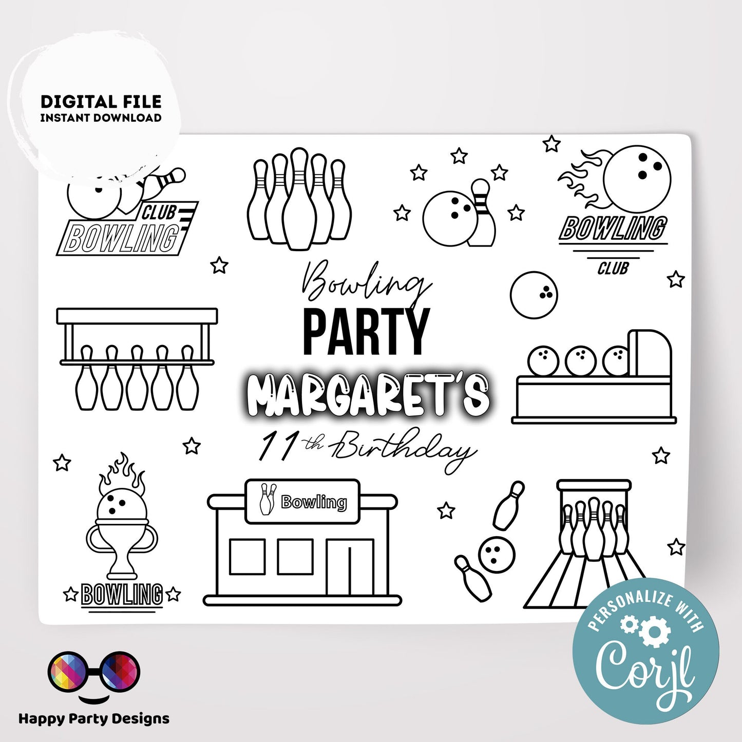 Editable Bowling coloring page | Placemat coloring page | Any Age | Bowling birthday | Bowling Party Activity #KID3