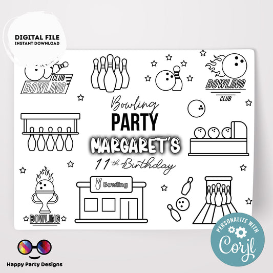 Editable Bowling coloring page | Placemat coloring page | Any Age | Bowling birthday | Bowling Party Activity #KID3