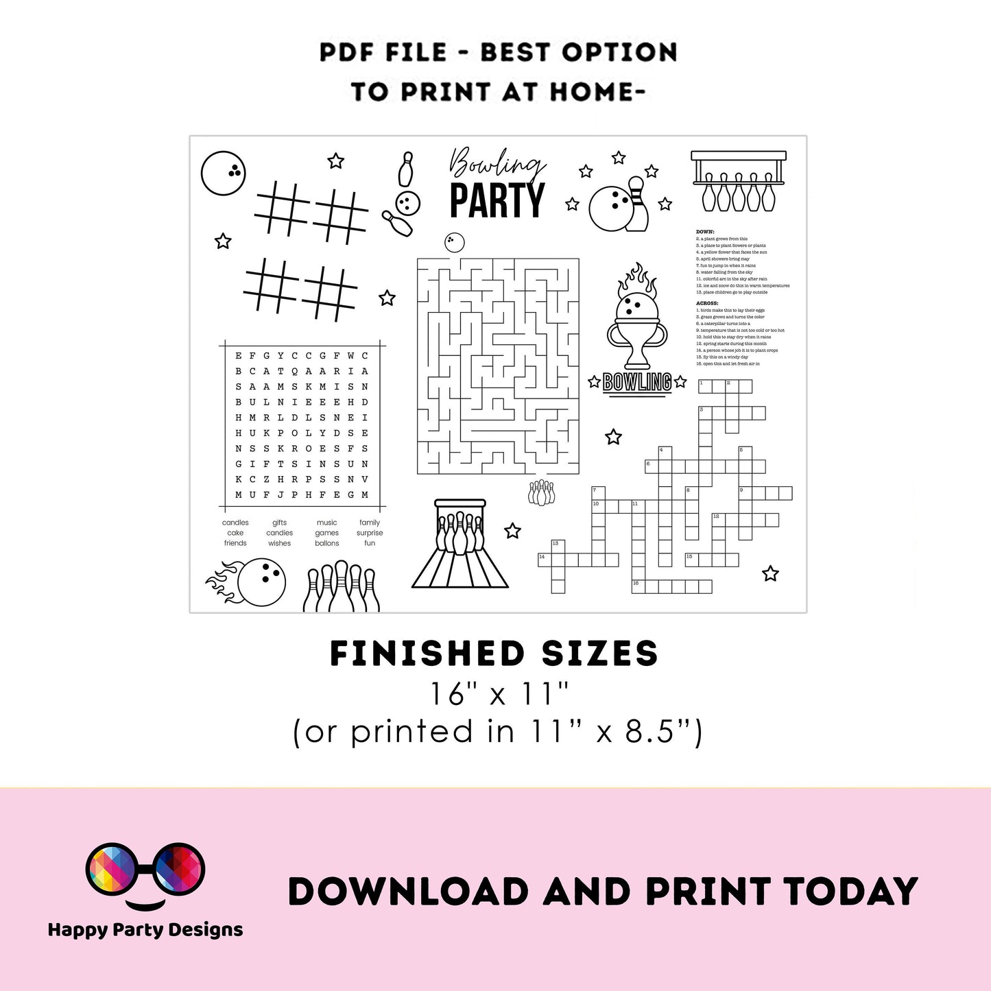Printable Bowling Party Coloring Page | Bowling Birthday Activity Page | Bowling placemat | Printable Bowling Games | favors  #KID3 #KID4