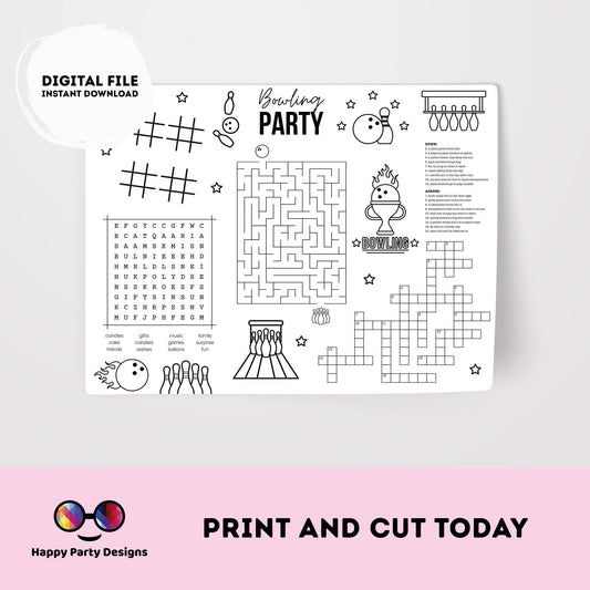 Printable Bowling Party Coloring Page | Bowling Birthday Activity Page | Bowling placemat | Printable Bowling Games | favors  #KID3 #KID4