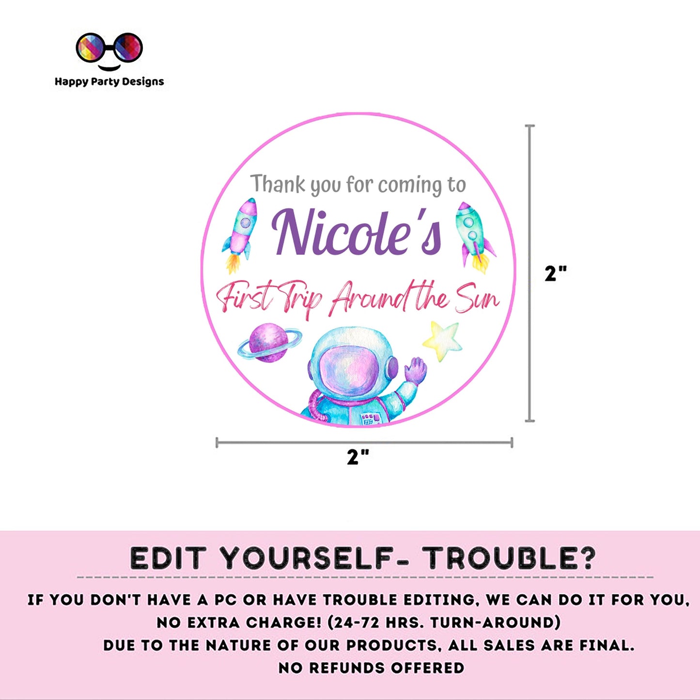 Editable First Trip Around the Sun Thank you tag | Outer Space printable thank you tag | Birthday Girl | Outer Space  Round Favor tag #K57