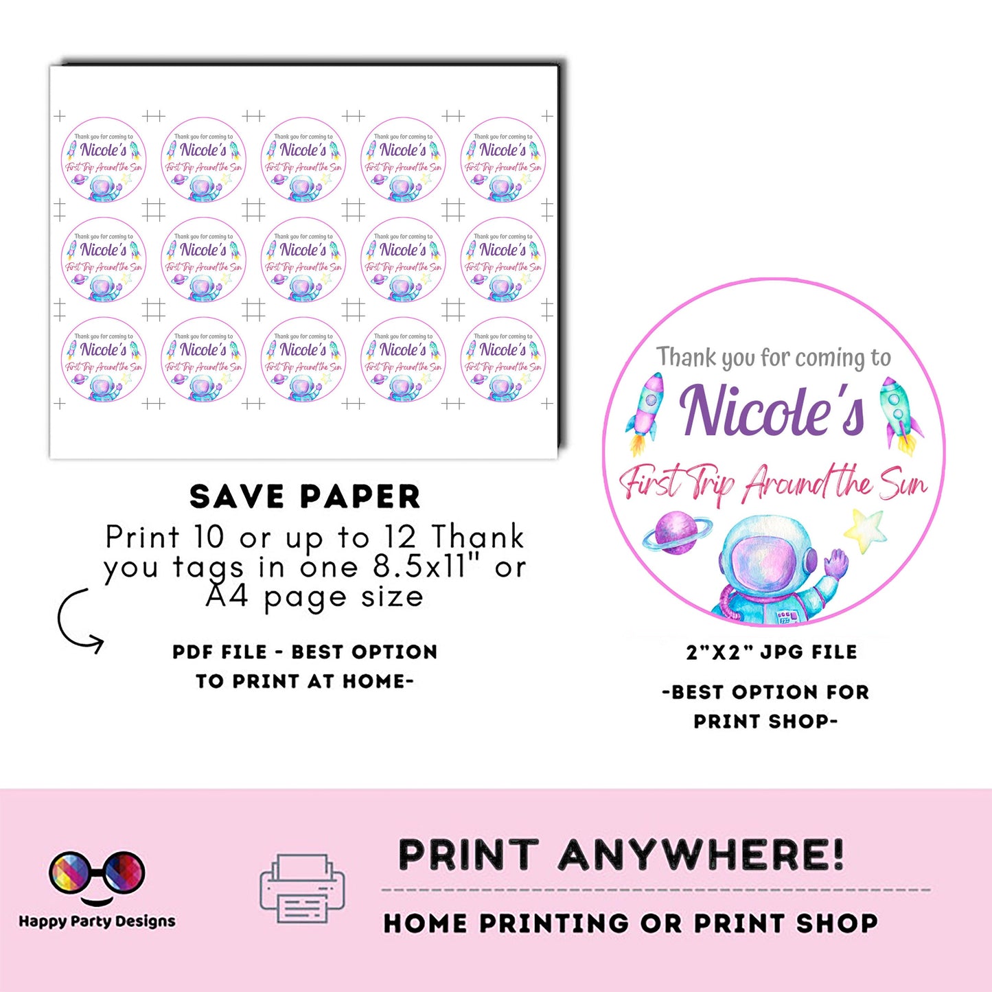 Editable First Trip Around the Sun Thank you tag | Outer Space printable thank you tag | Birthday Girl | Outer Space  Round Favor tag #K57