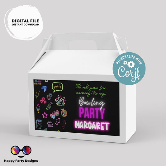 Editable neon Bowling  Birthday Box label | favor box | Bowling  birthday party | Girl birthday | Box to print | Bowling favors #KID3