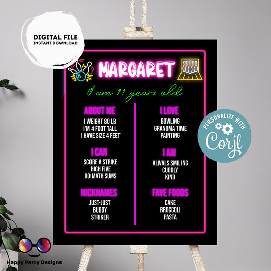Editable milestone neon bowling Sign | bowling birthday | bowling Decorations | birthday Sign | bowling party | Printable poster sign #KID3