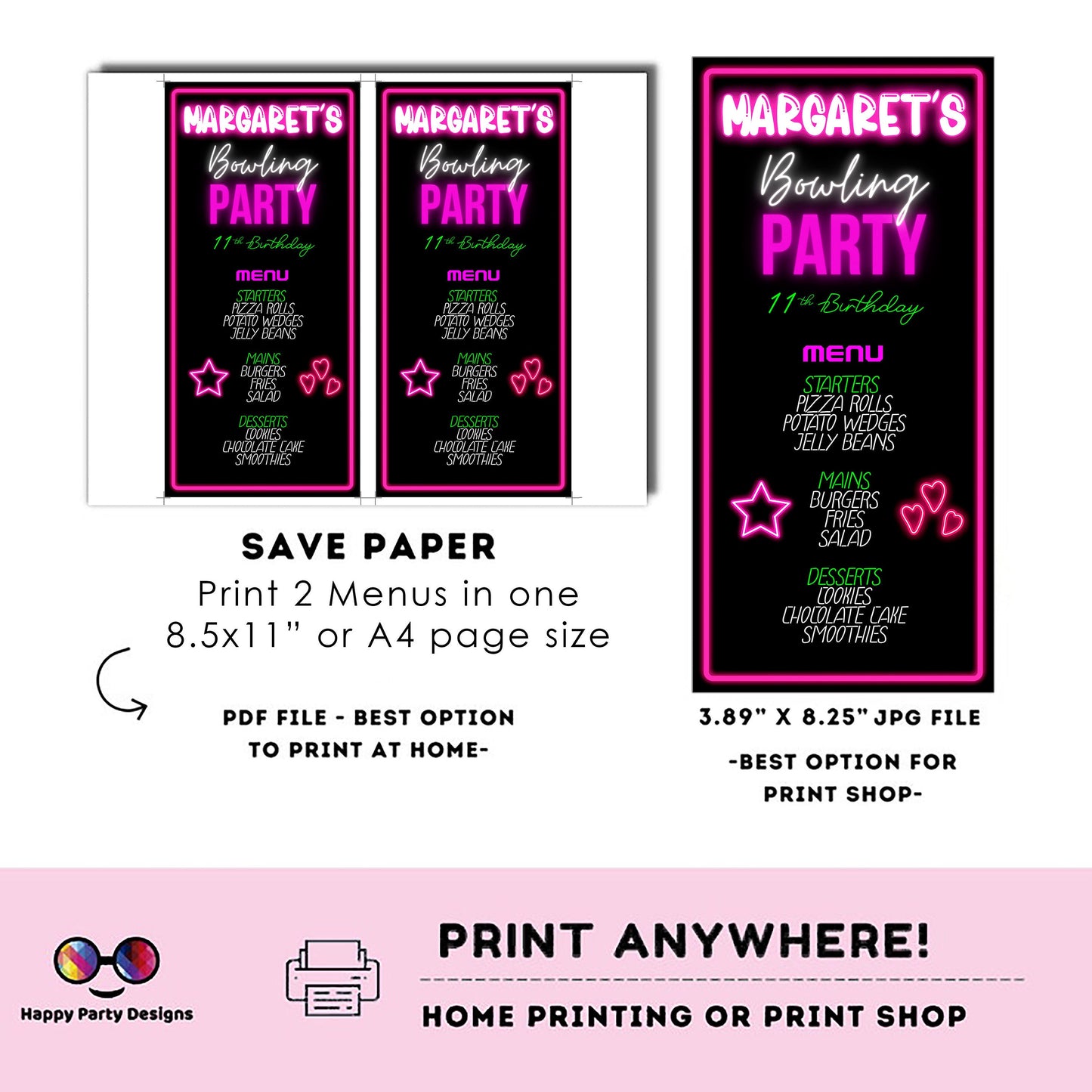 Editable neon Bowling Menu | Digital Bowling printable menu  | Birthday girl | Bowling menu | Personalize Online #KID3