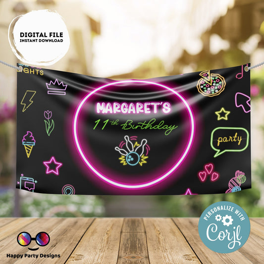 Editable Bowling Backdrop Banner  | Digital Bowling printable Backdrop Banner  | Birthday Girl | Bowling party | Personalize Online #KID3