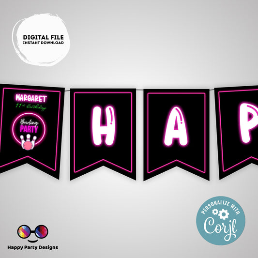 Editable Happy Birthday Bowling Banner | Bowling party | Birthday banner | Bowling birthday party  | birthday girl | garland #KID3