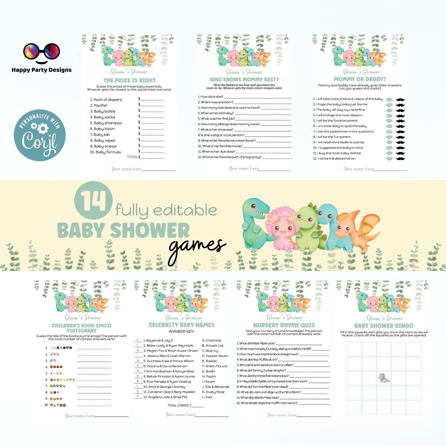 Editable dinosaur games bundle | Dino baby shower games | Baby boy | neutral gender shower |  dinosaur baby shower games #B15