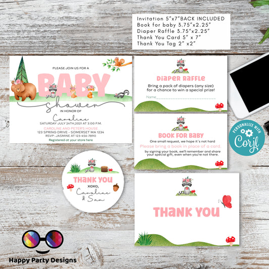 EDITABLE woodland Baby shower invitation bundle | diaper raffle, books for baby, thank you tag, thank you card | woodland baby girl | #B17