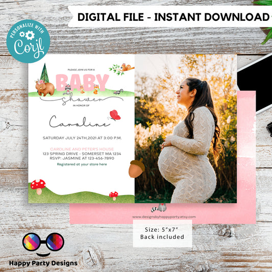 EDITABLE woodland baby shower invitation | woodland Invitation with picture | Baby Shower | Instant Download | girl baby shower #B17