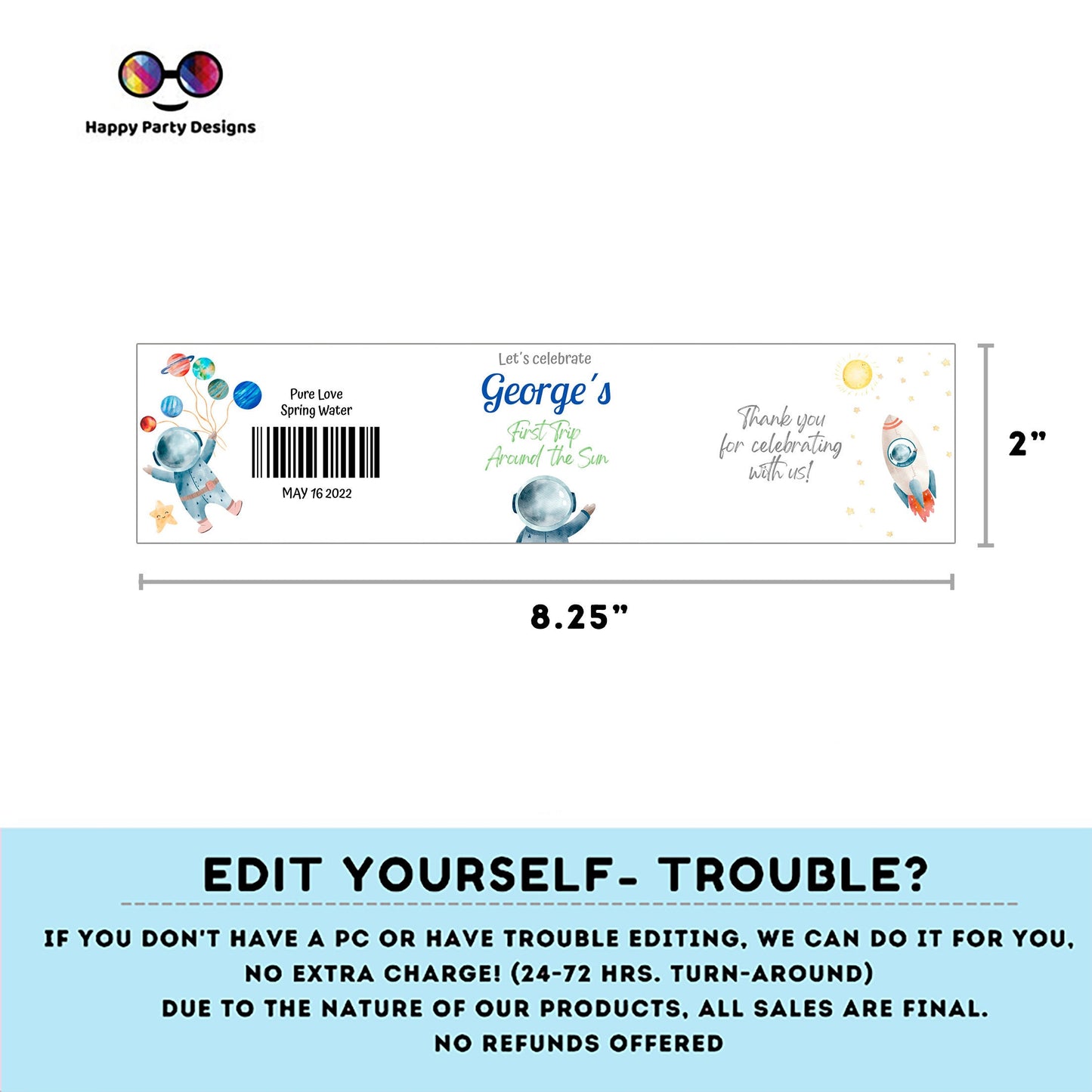 Editable First trip around the Sun party water bottle labels | digital labels |  printable OUter Space Party labels |  bottle labels #K5