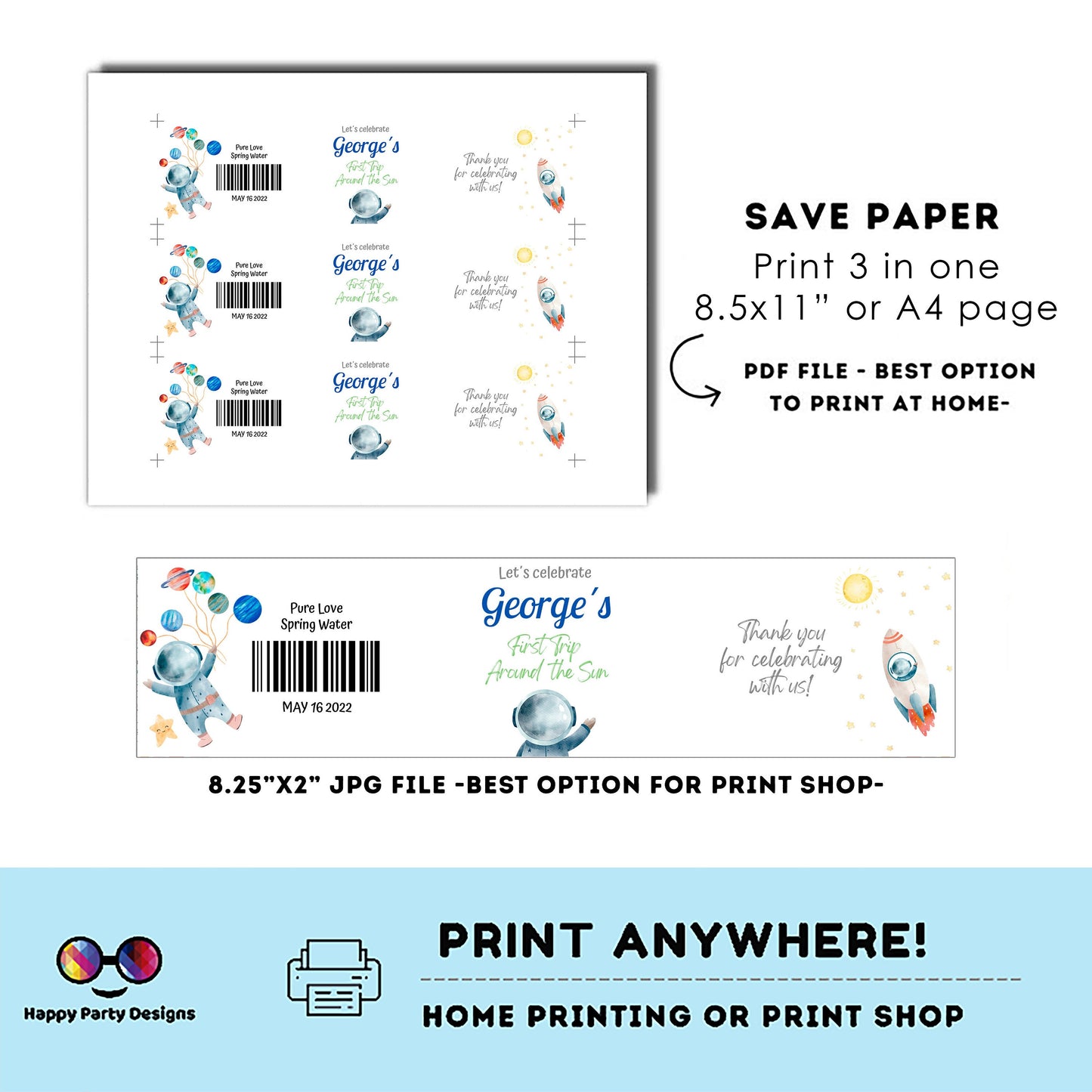 Editable First trip around the Sun party water bottle labels | digital labels |  printable OUter Space Party labels |  bottle labels #K5