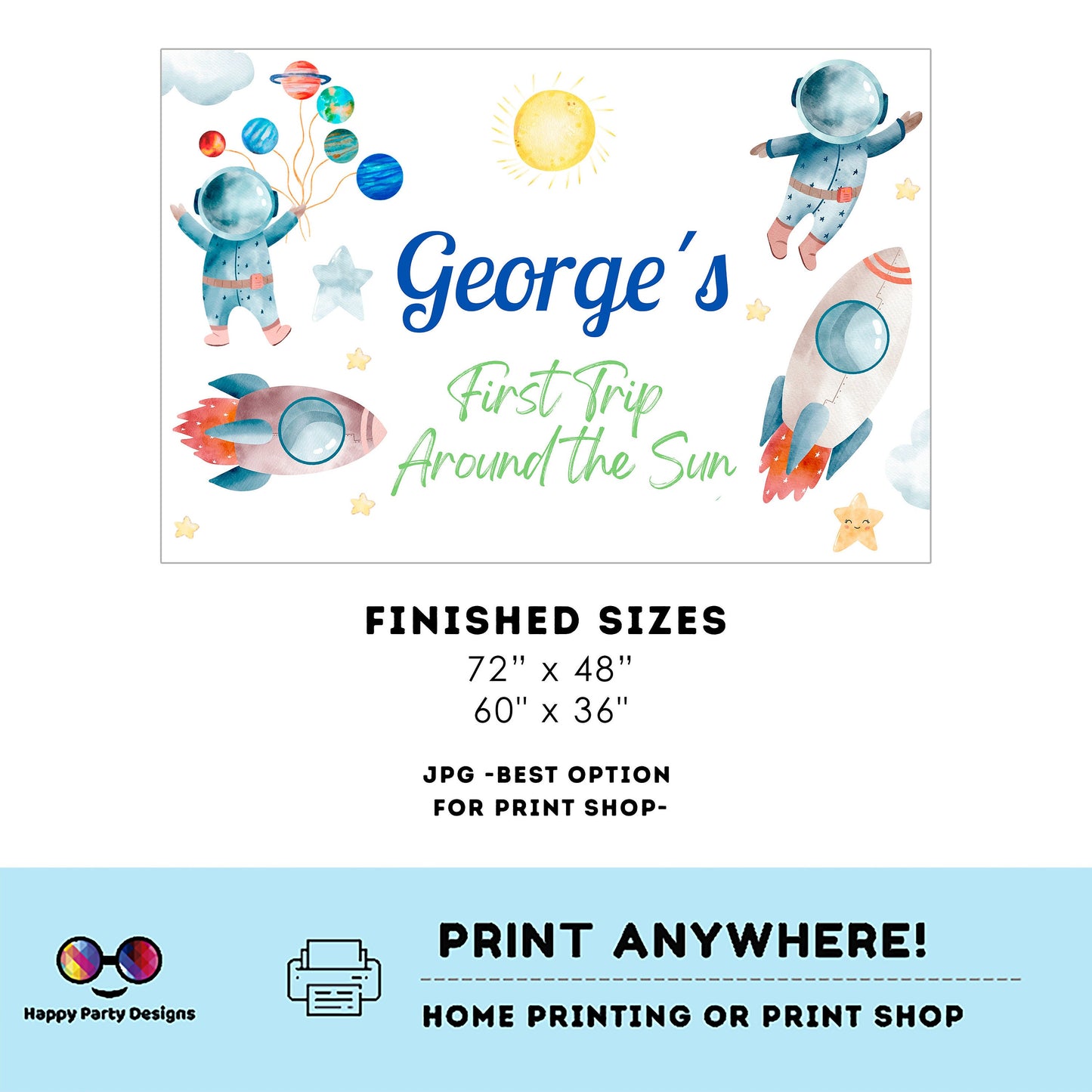 Editable First Trip around the Sun Food Label Blue Backdrop Banner  | Digital Outer Space printable Backdrop Banner | Astronaut decor #K5