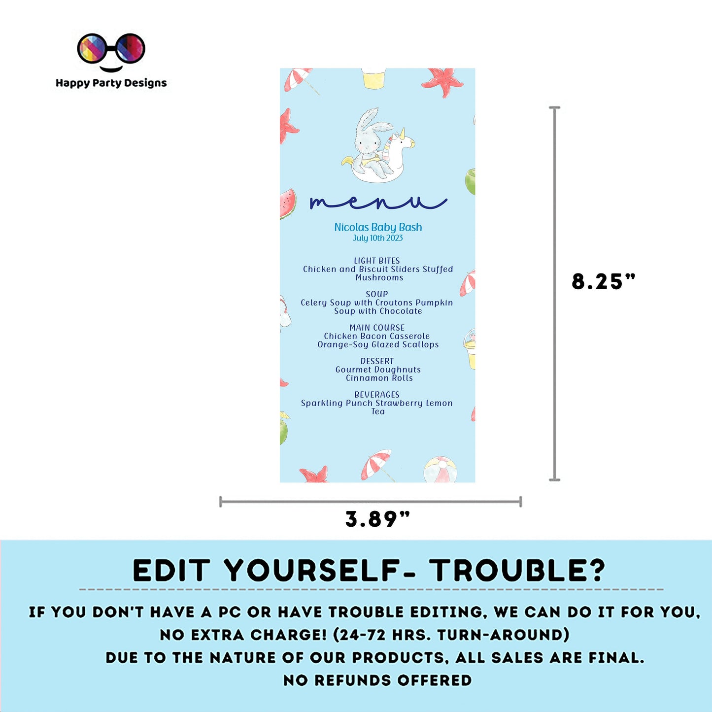 Pool baby bash Menu Template | Summer baby shower | Boy | Pool party | Party supplies | Summer baby shower | Baby boy | Summer baby #B1