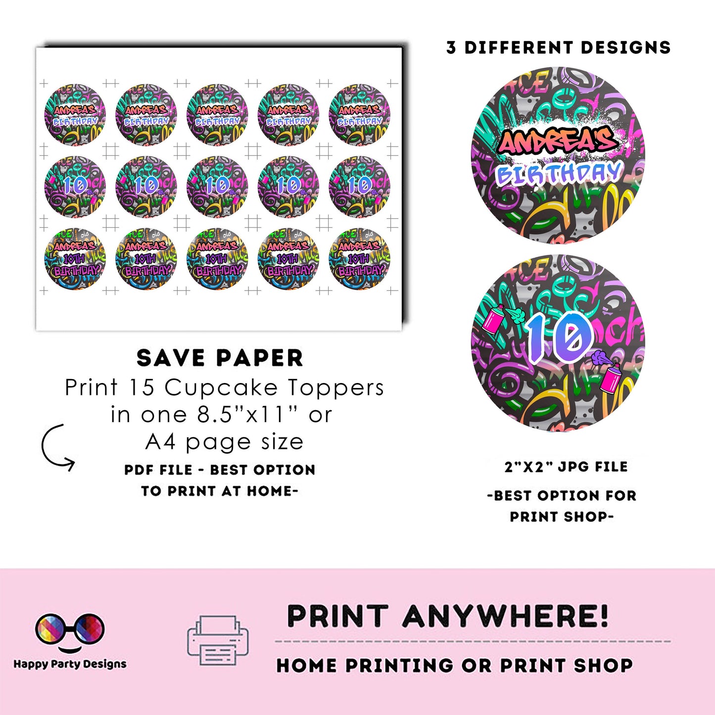 Editable Graffiti Round cupcake toppers | Graffiti birthday | Graffiti  Birthday Party | Graffiti themed | Boy Birthday Party | stickers #K2