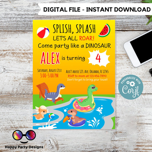 Editable Dinosaur Birthday Invitation | Dinosaur pool  Birthday Invite | jurassic trex dinosaur pool party birthday | INSTANT DOWNLOAD #K83