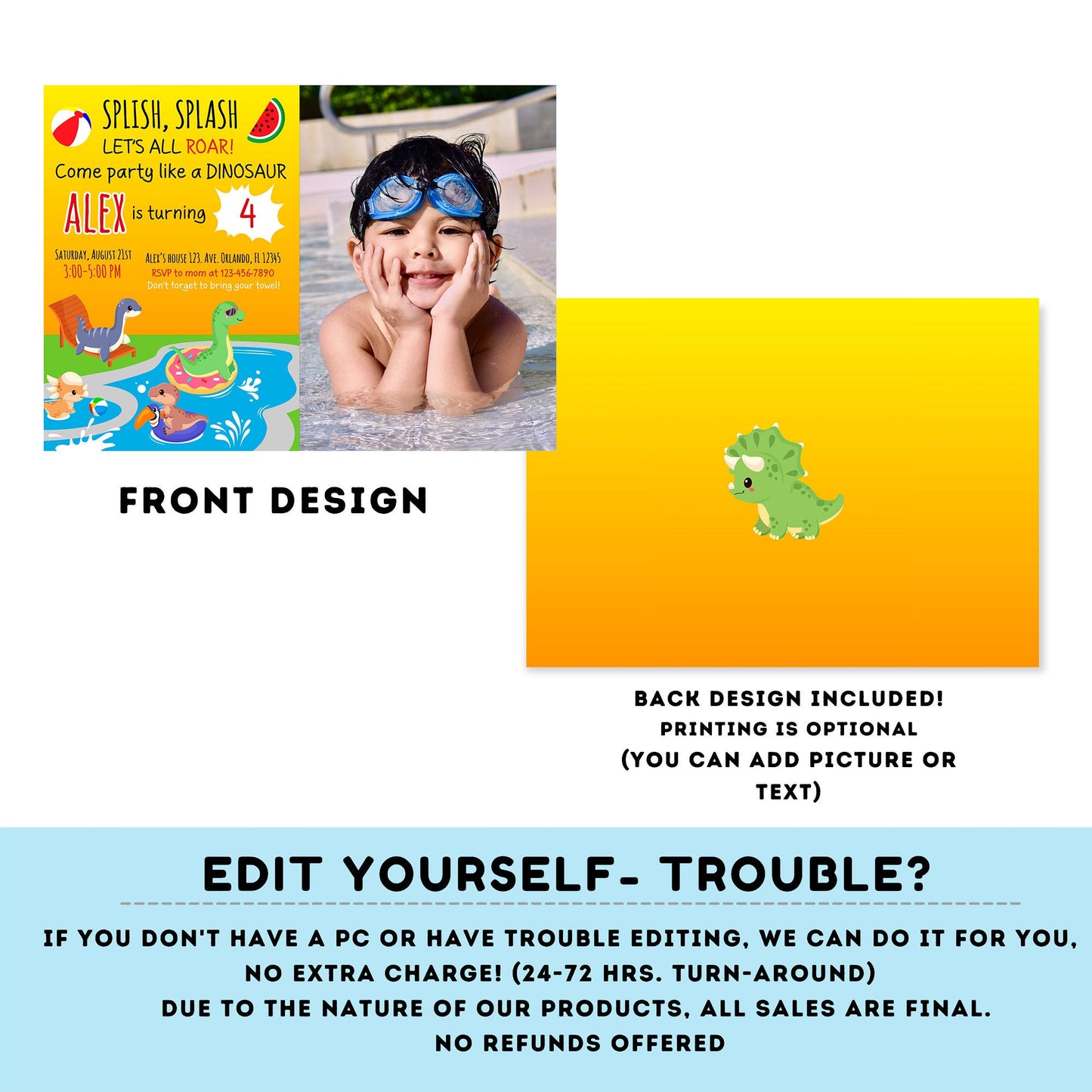Editable Dinosaur Birthday photo Invitation | Dinosaur pool  Birthday Invite | jurassic trex dinosaur pool party birthday | #K83