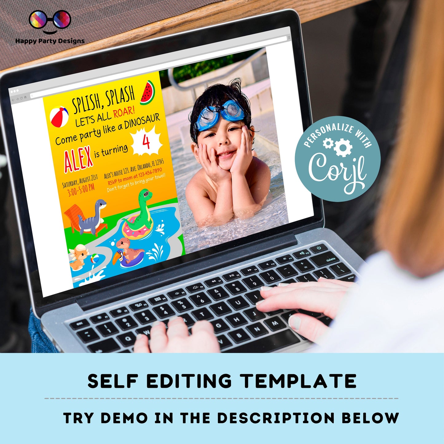 Editable Dinosaur Birthday photo Invitation | Dinosaur pool  Birthday Invite | jurassic trex dinosaur pool party birthday | #K83