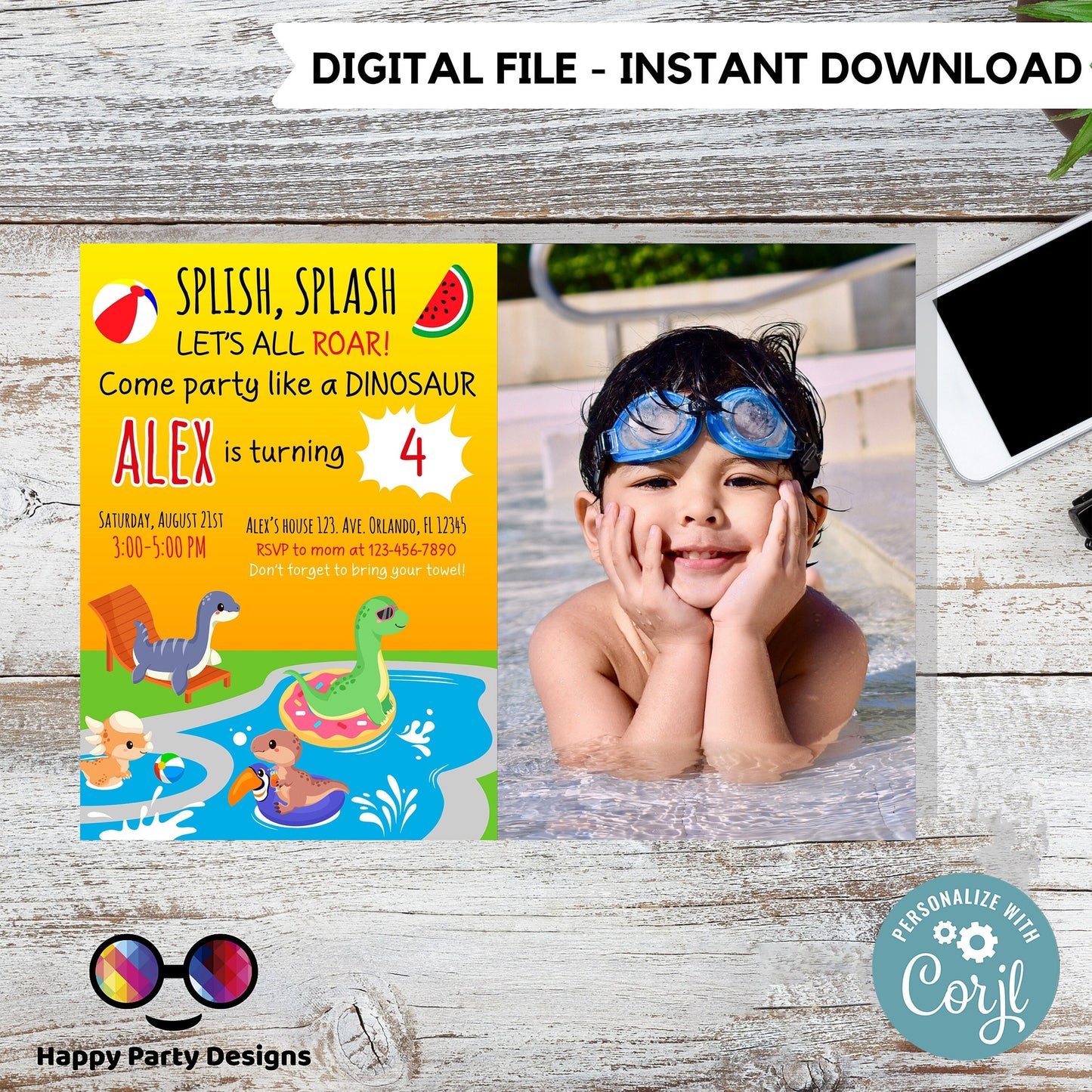 Editable Dinosaur Birthday photo Invitation | Dinosaur pool  Birthday Invite | jurassic trex dinosaur pool party birthday | #K83