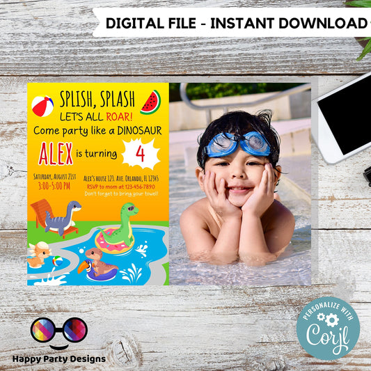 Editable Dinosaur Birthday photo Invitation | Dinosaur pool  Birthday Invite | jurassic trex dinosaur pool party birthday | #K83