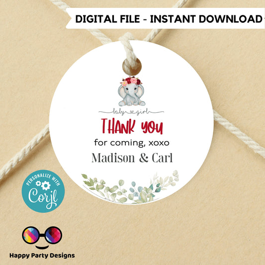 Editable elephant baby shower Favor Tags | baby elephant shower Thank you tags | Baby shower Girl | thank you tag Template | gift tag #B14