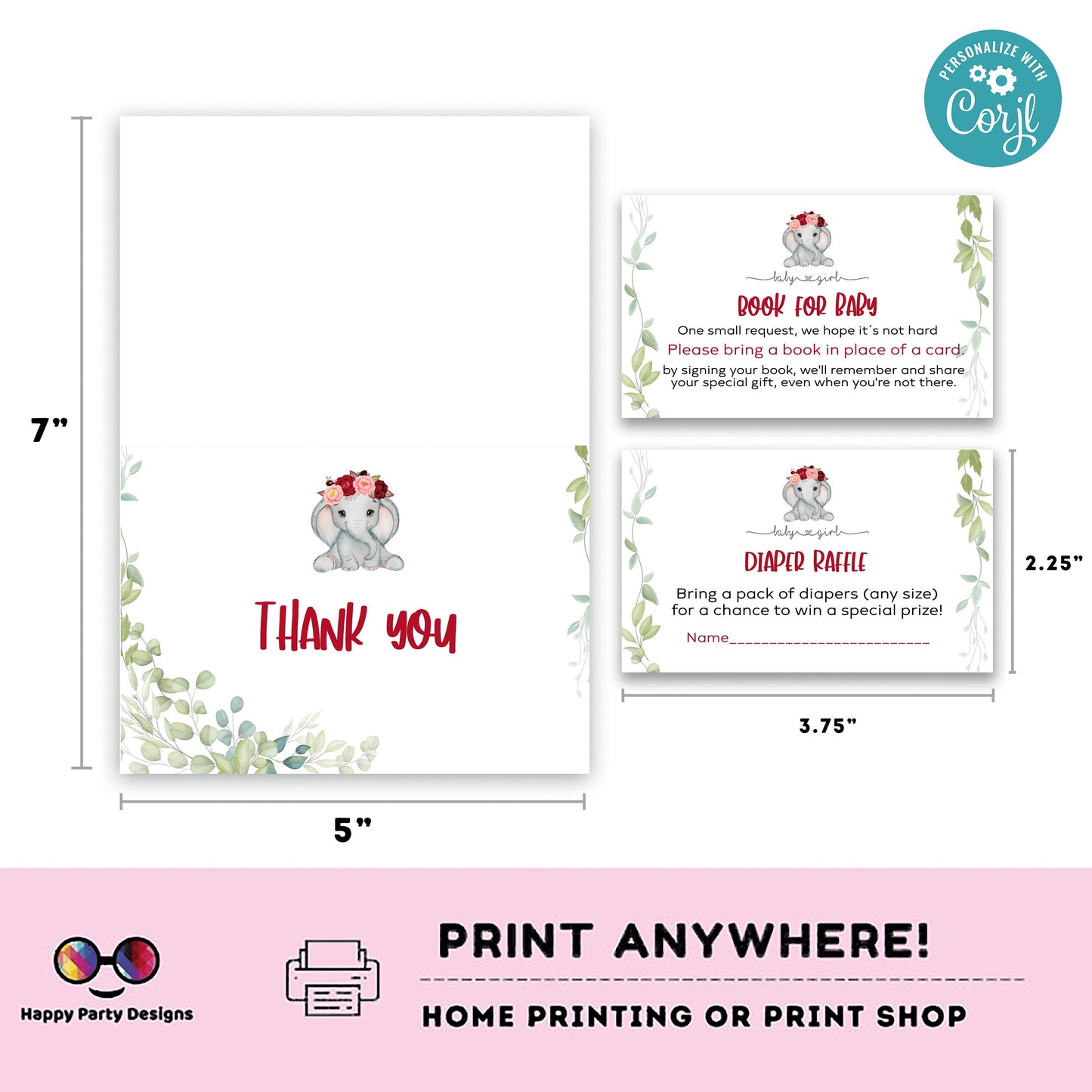 EDITABLE elephant Baby shower invitation bundle | diaper raffle, books for baby, thank you tag, thank you card | elephant baby girl | #B14