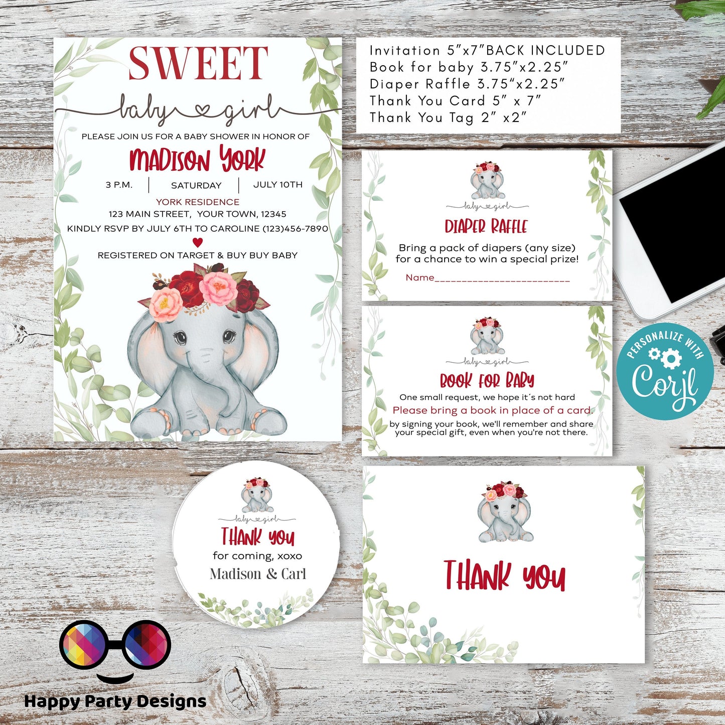 EDITABLE elephant Baby shower invitation bundle | diaper raffle, books for baby, thank you tag, thank you card | elephant baby girl | #B14