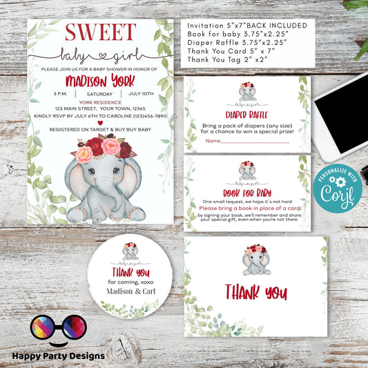 EDITABLE elephant Baby shower invitation bundle | diaper raffle, books for baby, thank you tag, thank you card | elephant baby girl | #B14